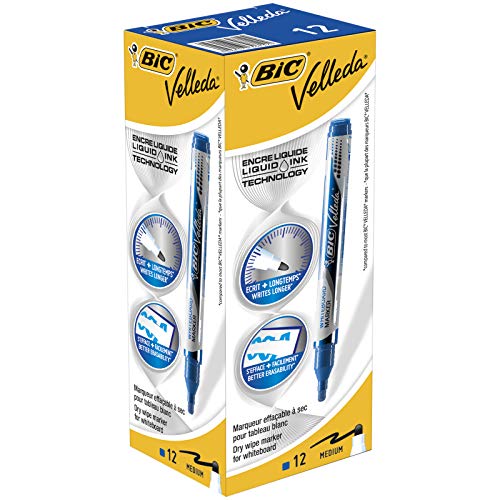 BIC Velleda Feutres pour Tableau Blanc Effaçables à Sec Pointe Conique Large - Noir, Boîte de 12