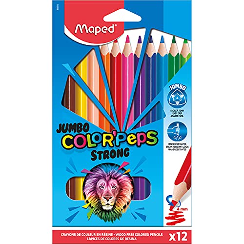 Maped - Crayons de Couleur STRONG Color'Peps - 12 Crayons de Coloriage Ultra-résistants et Ergonomique - Pochette de 12 Crayons