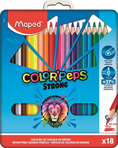 Maped - Crayons de Couleur STRONG Color'Peps - 12 Crayons de Coloriage Ultra-résistants et Ergonomique - Pochette de 12 Crayons