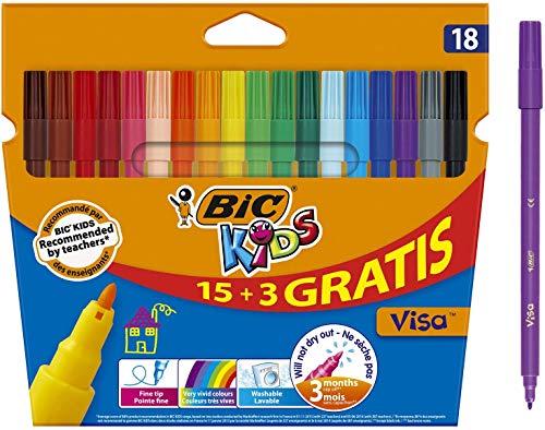 BIC Kids Visa Feutres de Coloriage à Pointe Fine - Couleurs Assorties, Etui Carton de 15+3