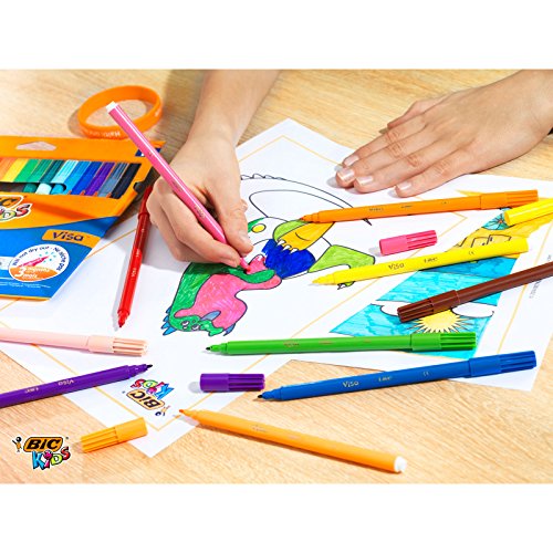 BIC Kids Visa Feutres de Coloriage à Pointe Fine - Couleurs Assorties, Etui Carton de 15+3