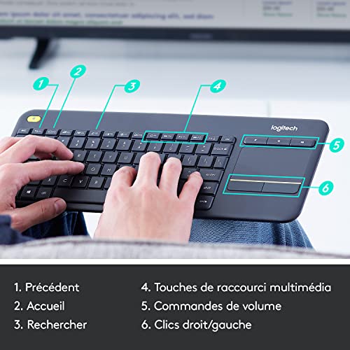 Logitech K400 Plus Clavier Sans Fil Touch TV Avec Contrôle Média et Pavé Tactile, Clavier Francais AZERTY - Noir