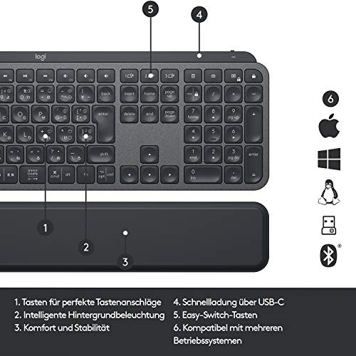 Logitech MX Keys Plus Wireless Illuminated Tastatur, sans Fil, Noir, avec Handballenauflage