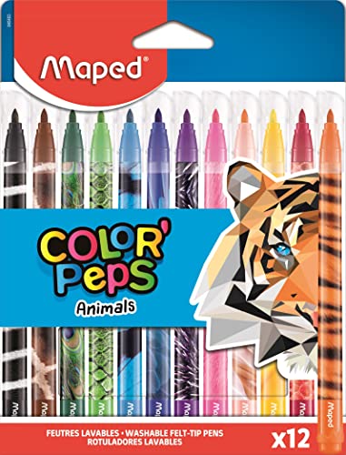 Maped - Crayons de Couleur Color'Peps Animals FSC - Crayon de Coloriage Triangulaire Ergonomique - Crayons Décorés Animaux - Pochette de 24 Crayons en Bois Certifiés FSC
