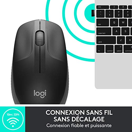 Logitech M190 Souris sans fil, design ambidextre, durée de la batterie 18 mois avec mode économie d’énergie, récepteur USB, contrôle précis du curseur + défilement, large molette de défilement - Noir