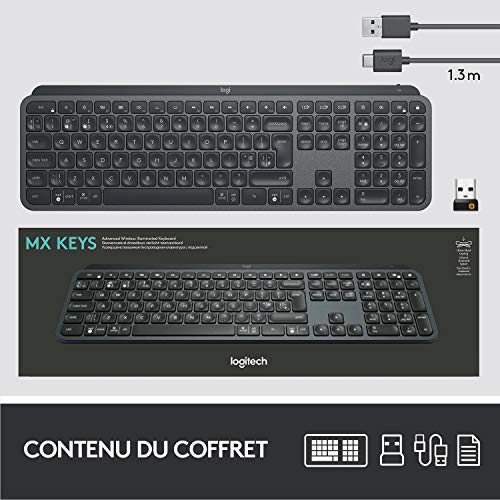 Logitech MX Keys Plus Wireless Illuminated Tastatur, sans Fil, Noir, avec Handballenauflage