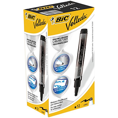 Marqueurs Noir BIC Velleda Feutres pour Tableau Blanc Effaçables à Sec Pointe Conique Large - Noir, Boîte de 12