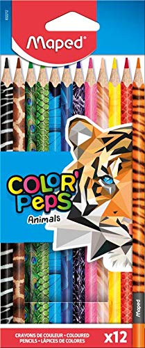 Maped - Crayons de Couleur Color'Peps Animals FSC - Crayon de Coloriage Triangulaire Ergonomique - Crayons Décorés Animaux - Pochette de 24 Crayons en Bois Certifiés FSC