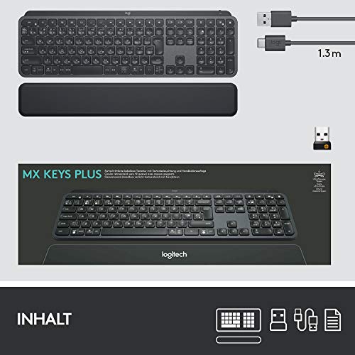 Logitech MX Keys Plus Wireless Illuminated Tastatur, sans Fil, Noir, avec Handballenauflage