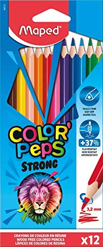 Maped - Crayons de Couleur STRONG Color'Peps - 12 Crayons de Coloriage Ultra-résistants et Ergonomique - Pochette de 12 Crayons