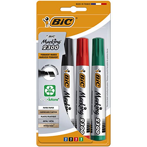 BIC Marking 2300 ECOlutions Marqueurs Permanents à Pointe Moyenne Biseautée - Couleurs Assorties, Blister de 4