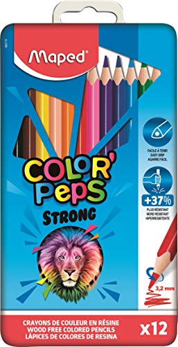 Maped - Crayons de Couleur STRONG Color'Peps - 12 Crayons de Coloriage Ultra-résistants et Ergonomique - Pochette de 12 Crayons