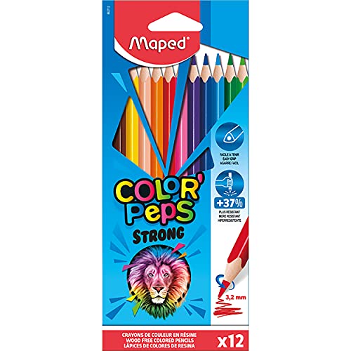 Maped - Crayons de Couleur STRONG Color'Peps - 12 Crayons de Coloriage Ultra-résistants et Ergonomique - Pochette de 12 Crayons