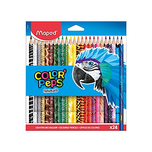 Maped - Crayons de Couleur Color'Peps Animals FSC - Crayon de Coloriage Triangulaire Ergonomique - Crayons Décorés Animaux - Pochette de 24 Crayons en Bois Certifiés FSC
