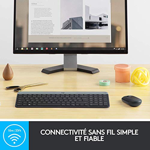 Logitech MK470 Combo Clavier et Souris sans Fil pour Windows, 2,4 GHz avec Récepteur USB Unifying, Ultra-Fin, Discret, Batterie Longue Durée, Souris Optique, Clavier AZERTY Français - Noir