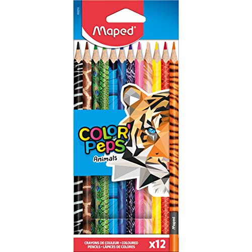 Maped - Crayons de Couleur Color'Peps Animals FSC - Crayon de Coloriage Triangulaire Ergonomique - Crayons Décorés Animaux - Pochette de 24 Crayons en Bois Certifiés FSC