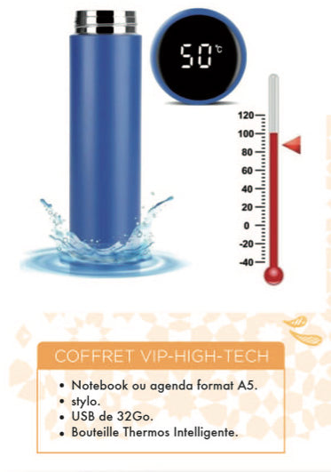 COFFRET CADEAU NOTE BOOK, THERMOS DIGITAL, CLE USB, PORTE CLE ET STYLO