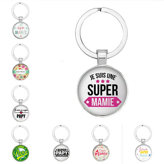 Nouveau Populaire Super Grand-MèRe ModèLe De Porte-CléS Cadeau Grand-PèRe Pendentif Rond En Relief Mode Porte-CléS Pendentif Cad