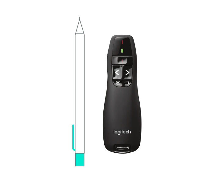 Logitech R400 Télécommande de Présentation sans Fil, 2,4 GHz/Récepteur USB, Pointeur Laser Rouge, Portée de 15 Mètres, 6 Boutons, Commande Intuitive de Diaporama, Indicateur de Batterie, PC - Noir