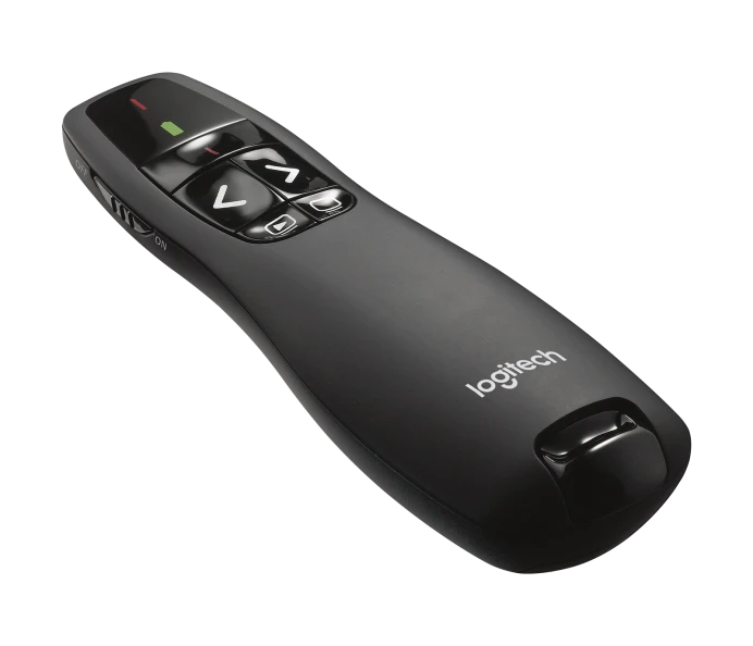 Logitech R400 Télécommande de Présentation sans Fil, 2,4 GHz/Récepteur USB, Pointeur Laser Rouge, Portée de 15 Mètres, 6 Boutons, Commande Intuitive de Diaporama, Indicateur de Batterie, PC - Noir