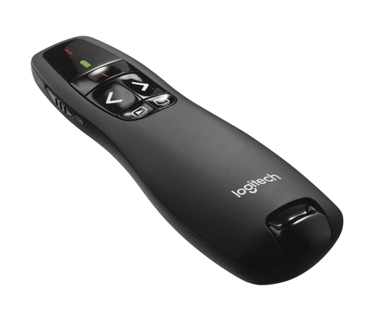 Logitech R400 Télécommande de Présentation sans Fil, 2,4 GHz/Récepteur USB, Pointeur Laser Rouge, Portée de 15 Mètres, 6 Boutons, Commande Intuitive de Diaporama, Indicateur de Batterie, PC - Noir