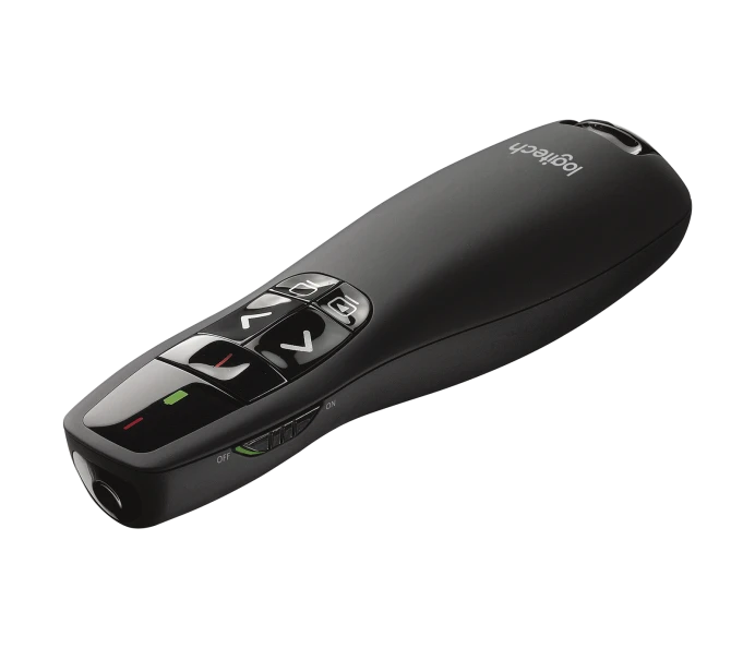 Logitech R400 Télécommande de Présentation sans Fil, 2,4 GHz/Récepteur USB, Pointeur Laser Rouge, Portée de 15 Mètres, 6 Boutons, Commande Intuitive de Diaporama, Indicateur de Batterie, PC - Noir